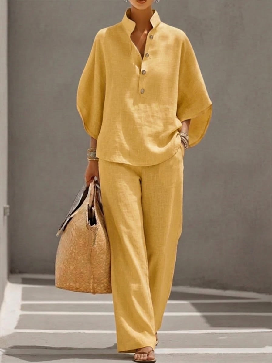 Amalia - Conjunto Fluido de Blusa y Pantalón en amarillo mostaza